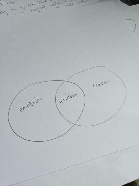 An image of two intersecting circles, one saying emotion, one saying reason and the crossover section saying wisdom